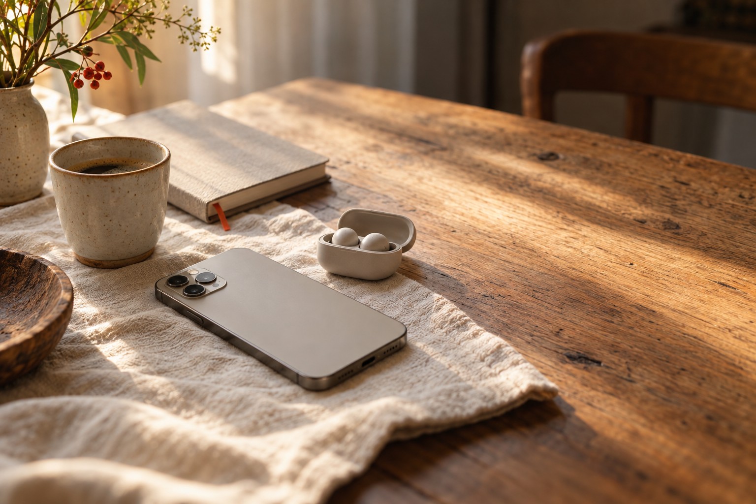 Ein Smartphone liegt mit dem Display nach unten auf einem Leinentuch neben einer Tasse